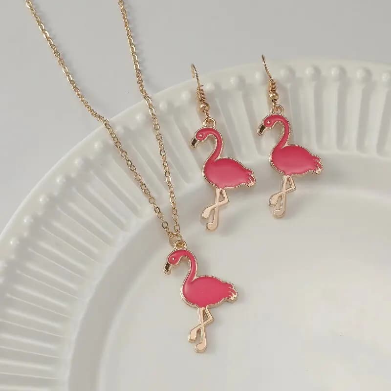 Set di gioielli con fenicotteri da 2 pezzi per donna, collana e orecchini con uccellini rosa, accessorio quotidiano alla moda e carino, regalo perfetto