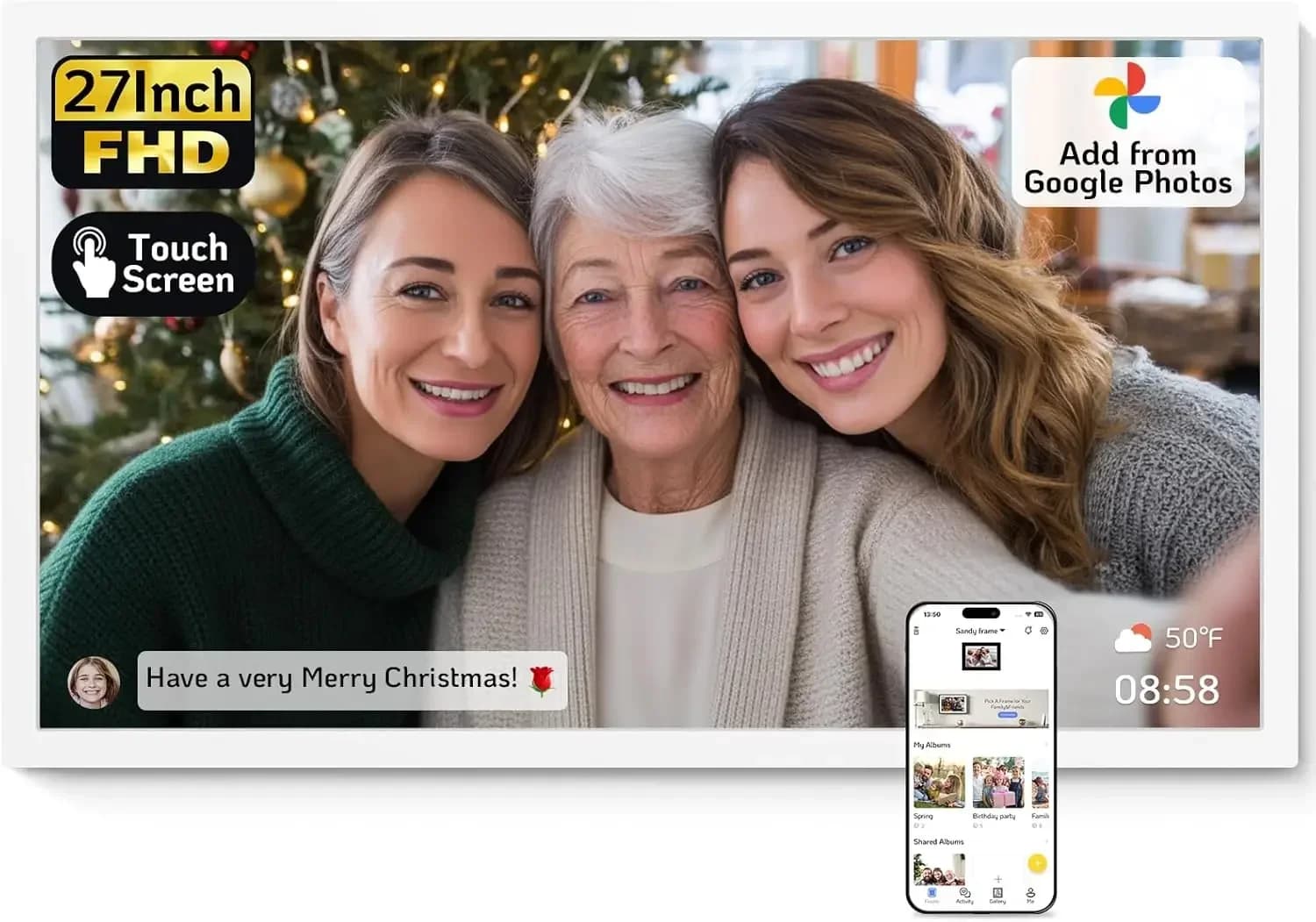 Cornice digitale touchscreen da 27 pollici, cornice fotografica elettronica FHD WiFi da 64 GB, aggiungi foto da Google Photos, carica video tramite Wi-Fi