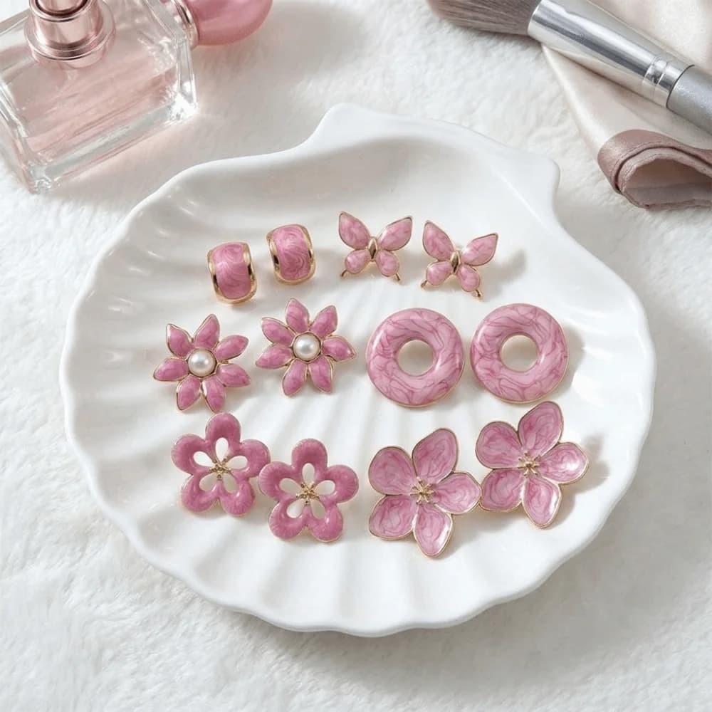 Pink Enamel Flower Stud Earrings Plants and Flowers Round Flower Drop Oil Flower Earrings 304 Stainless Steel Simple Delicate