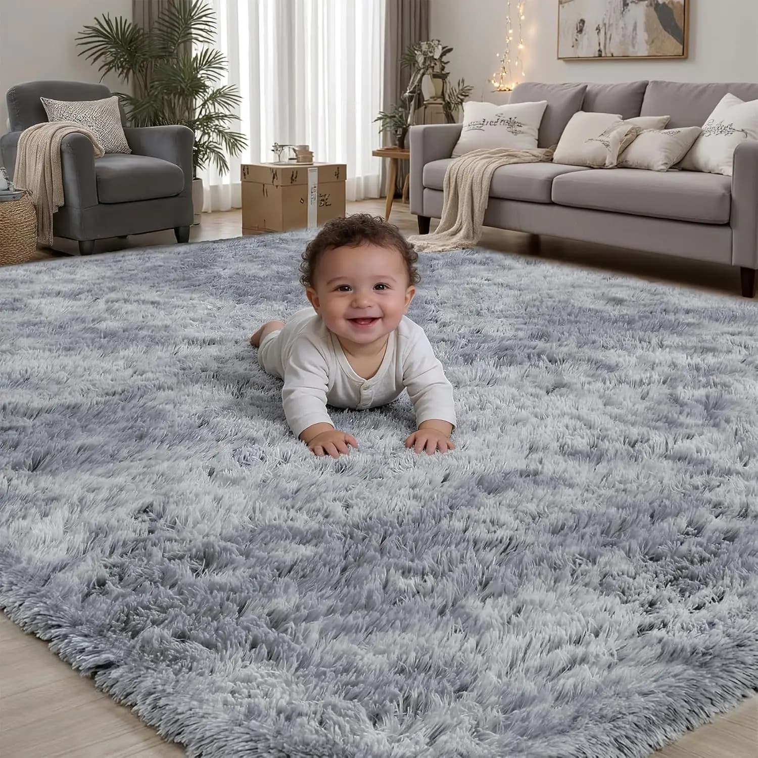 8x10 Light Grey Fluffy Shag Rug for Living Room, Non-Slip High Pile Carpet