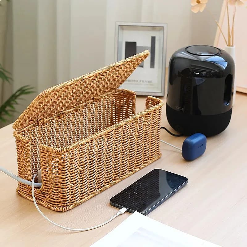 Handmade Rattan Cable Management Box, Durable Cord Hider with 2 Open Slots, Under Desk Wire Organizer for Home Office