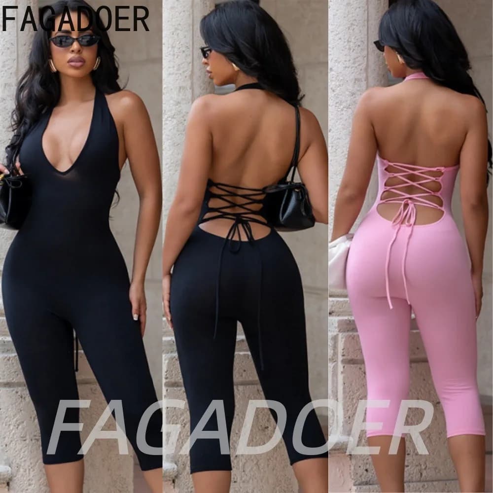 FAGADOER Tuta Sexy Aderente con Halter e Scollo a V Profondo, Allacciatura Posteriore, Jumpsuit Estiva da Donna per Feste e Club