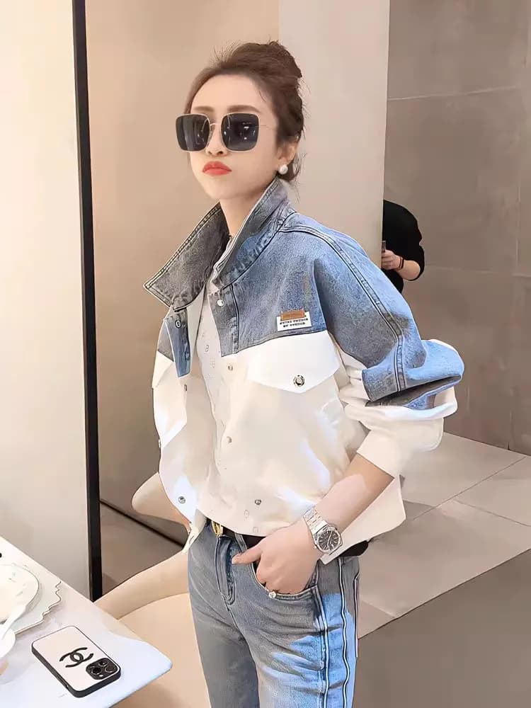 Fashionable Ins Spliced Denim Jacket Loose Short Top Color Block Casual Style Women's Spring Autumn New Arrival Outerwear