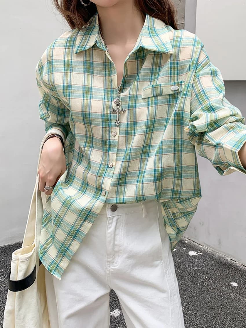Alien Kitty Camicie con protezione solare verde Donna Chic Allentato 2025 Quotidiano Tutti abbinati Plaid Moda delicata Manica intera Cappotti da donna da ufficio