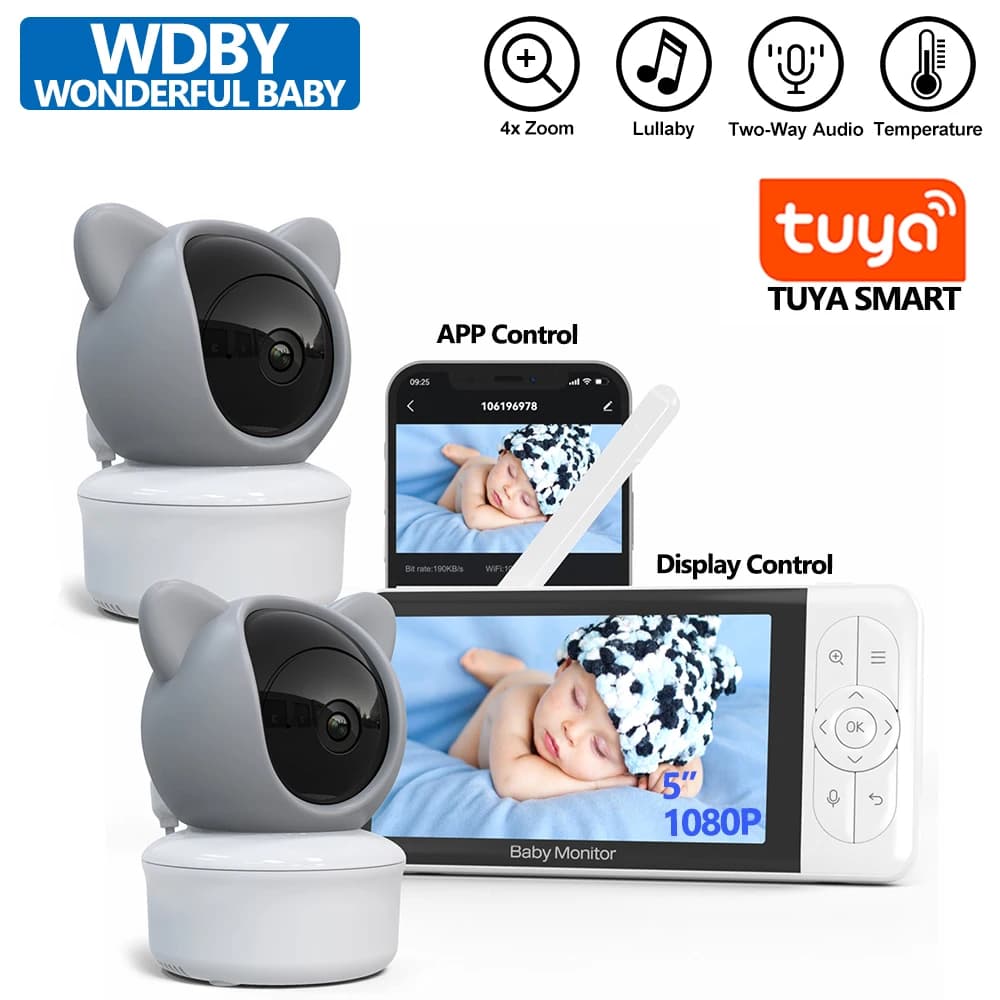 Baby monitor da 5 pollici con 2 telecamere Zoom 4X Mobile e monitor Telecamera di sorveglianza per bambini con audio bidirezionale a doppio controllo per mamma Babysitter