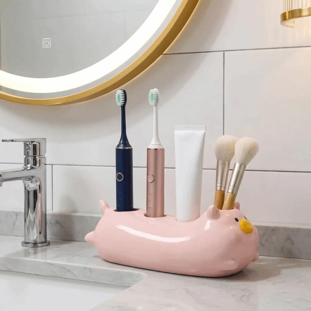Portaspazzolino Elettrico a Forma di Maialino, Supporto Decorativo in Ceramica per Spazzolini, Salvaspazio e Impermeabile