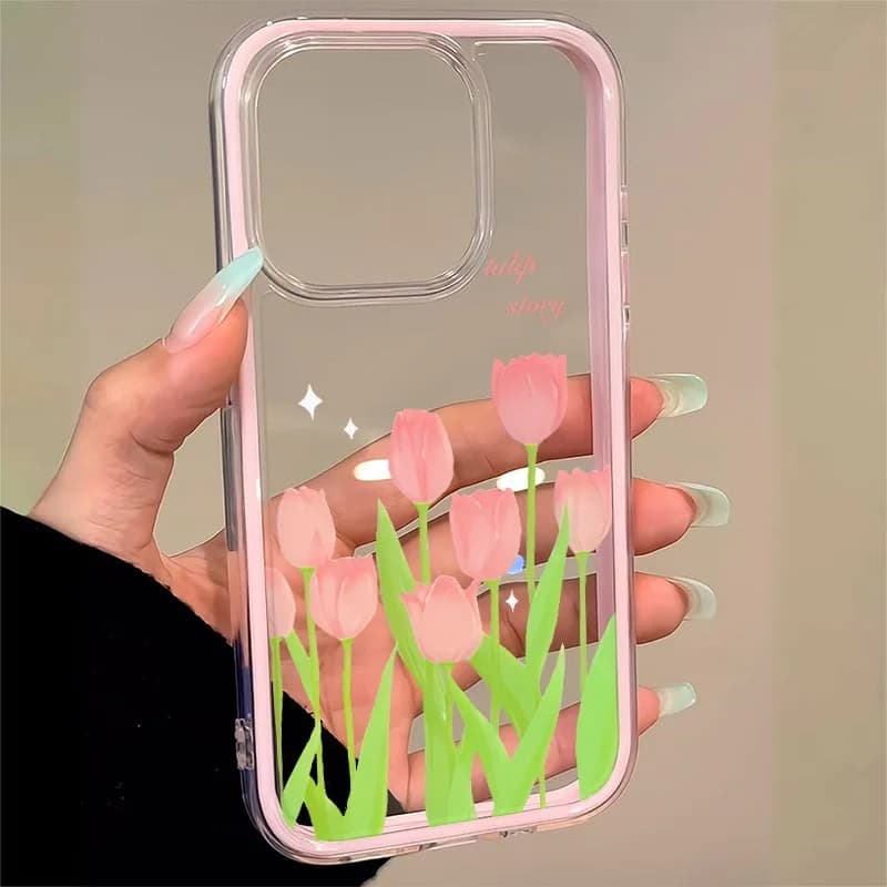 Fresh and Simple Pink Tulip Color-Blocking Two-In-One Frame Phone Case for iPhone 17, 16, 15, 14, 13, 12, 11, Xs, Xr, X, Plus, Pro, Max, Air Series The Perfect Holiday Gift, Drip-Proof Lid