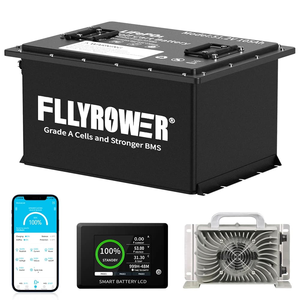 FLLYROWER 48V 105Ah Golf Cart Lithium LiFePO4 Battery Pack Club Car 200A BMS 8000+ Deep Cycle With 58.2V 20A Charger Bluetooth