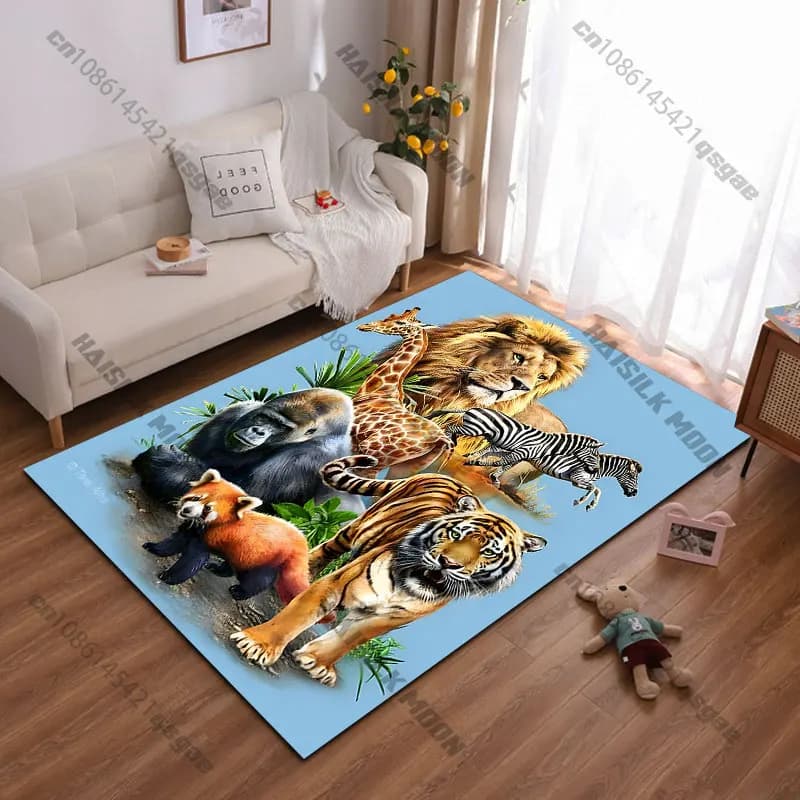 Carpet with wild animals in their natural habitat, yoga mat, decoration for living room, baby cat mat, grass, decorative carpet, game mat