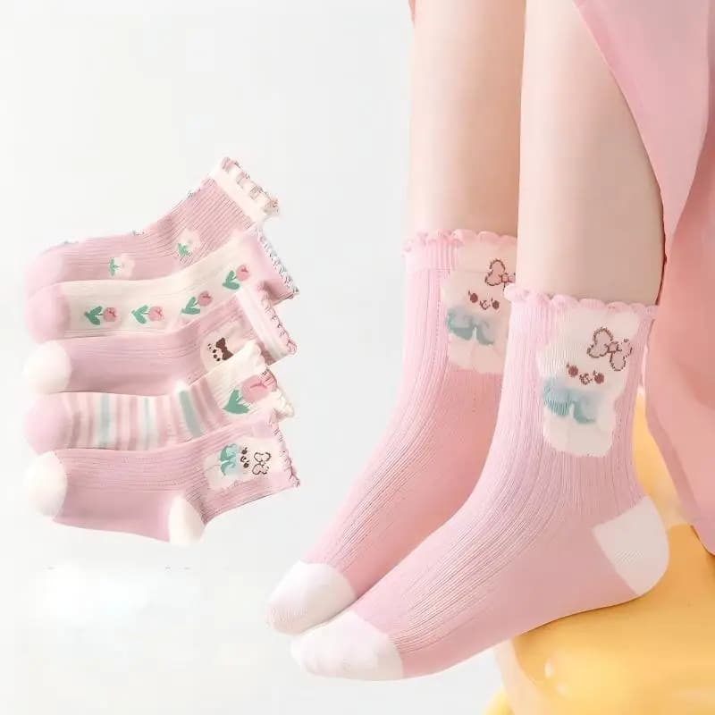5 paia di calzini per bambini, calzini traspiranti in rete morbidi e comodi, calzini con coniglietto dei cartoni animati, calzini per ragazze, calze casual estive per bambini