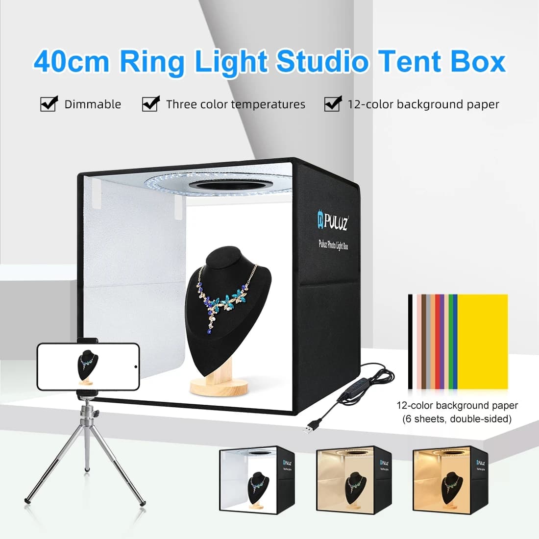 PULUZ 40 cm pieghevole portatile anello luminoso USB illuminazione fotografica studio tenda da tiro scatola con 6 x fondali a colori a doppio lato scatola fotografica