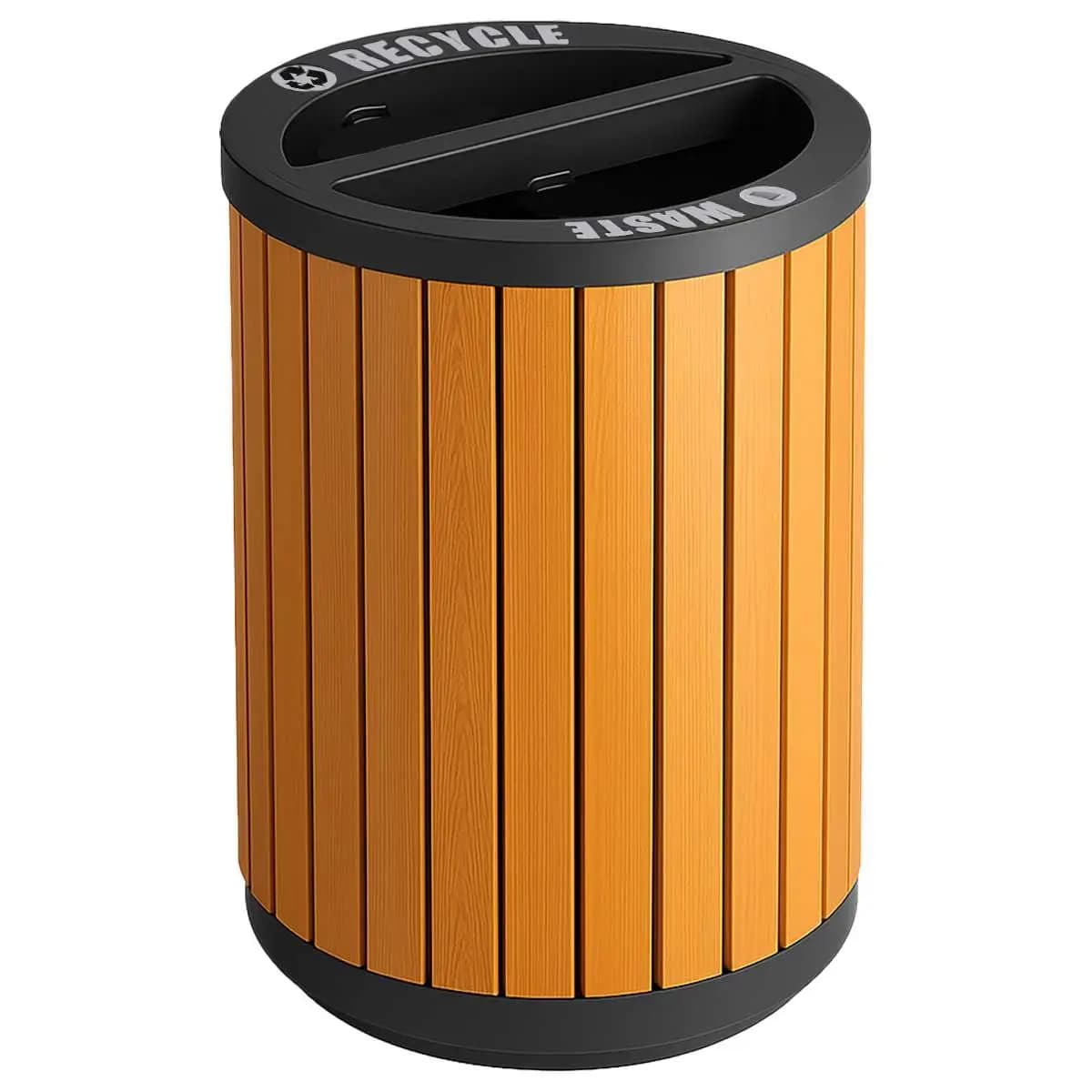 22 Gallon Round Outdoor Two-Stream Trash Can Recycling Bin - Commercial Dual Stainless Steel / Wood Compartment 11, Customized