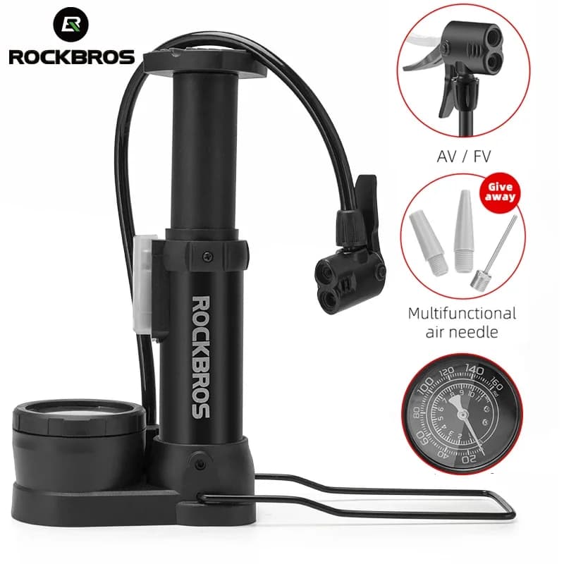 Pompa per Bicicletta ROCKBROS, Gonfiatore Portatile in Alluminio, Pompa MTB ad Alta Pressione con Manometro, Compatibile con Valvole Presta e Schrader