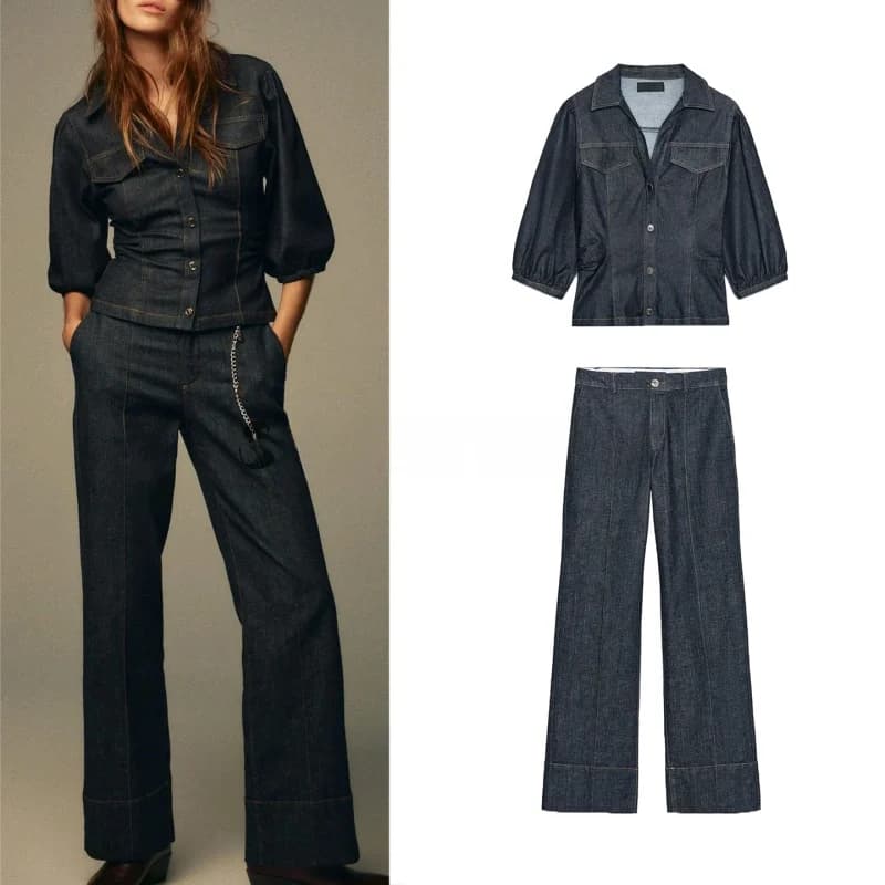 Slim Fit Bubble Sleeve Denim Shirt Collared High Waist Bell Bottom Jeans Women's Fashion Set Casual Style Autumn Collection