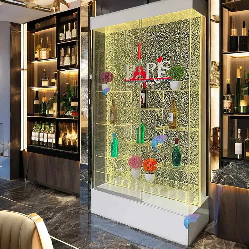 Personalizzazione. Vetrina moderna da parete a bolle LED con portabottiglie con porta in vetro per la decorazione del bar di casa