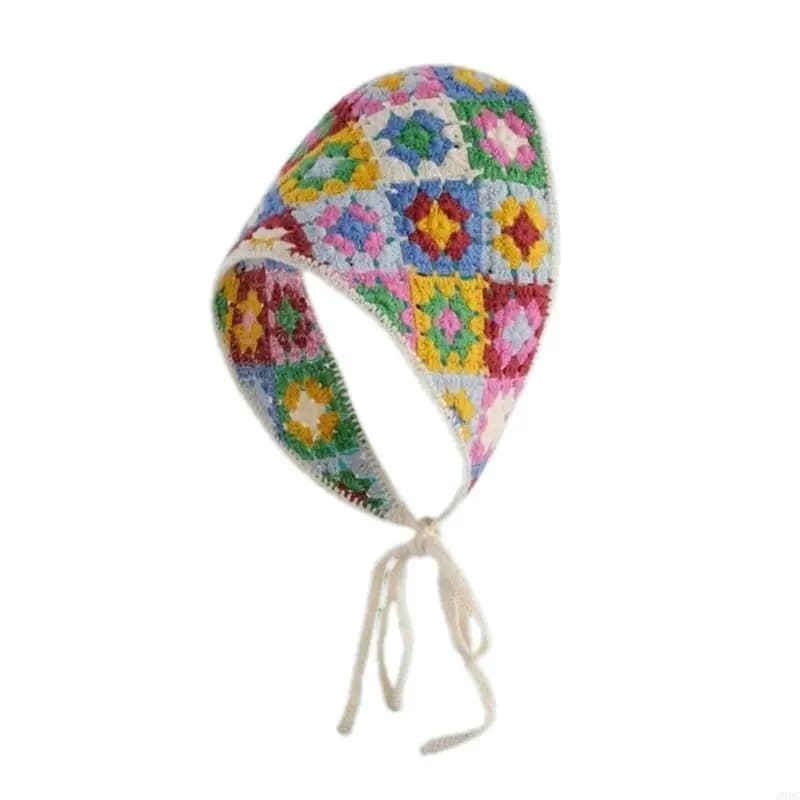 39BC Sciarpa triangolare con fiori lavorati a maglia Fazzoletto per capelli all'uncinetto adorabile con motivo floreale Elegante