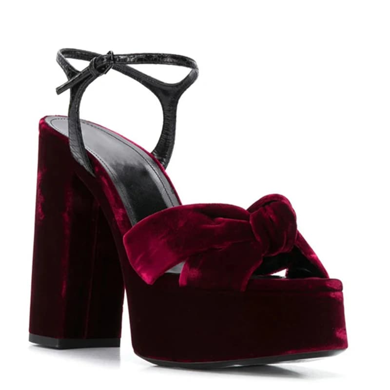Sandali con plateau peep toe con nodo in velluto bordeaux 14 cm tacco alto grosso cinturino alla caviglia sandali da palcoscenico da donna a righe scarpe da banchetto
