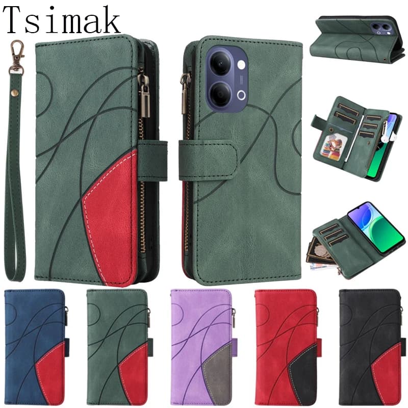 Custodia in pelle per Vivo Y17S Y19S Y03 Y03T Y04 Y05 Y18S Y18i Y28 Y29 Y28S Y29S 4G 5G con cerniera magnetica e 9 scomparti per carte, a portafoglio a libro