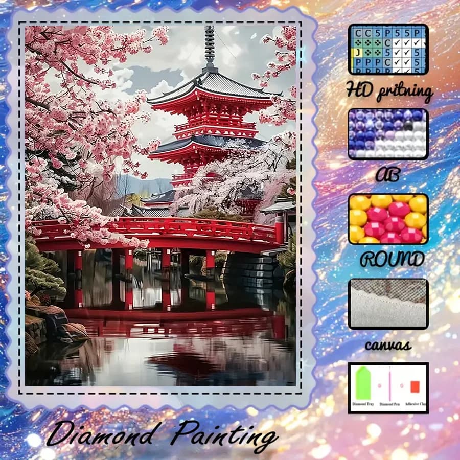 1 pezzo - 5D-DIY - Tessuto floccato - Trapano speciale - Set per pittura con diamanti - Sakura, tempio - Mosaico - Arte con diamanti