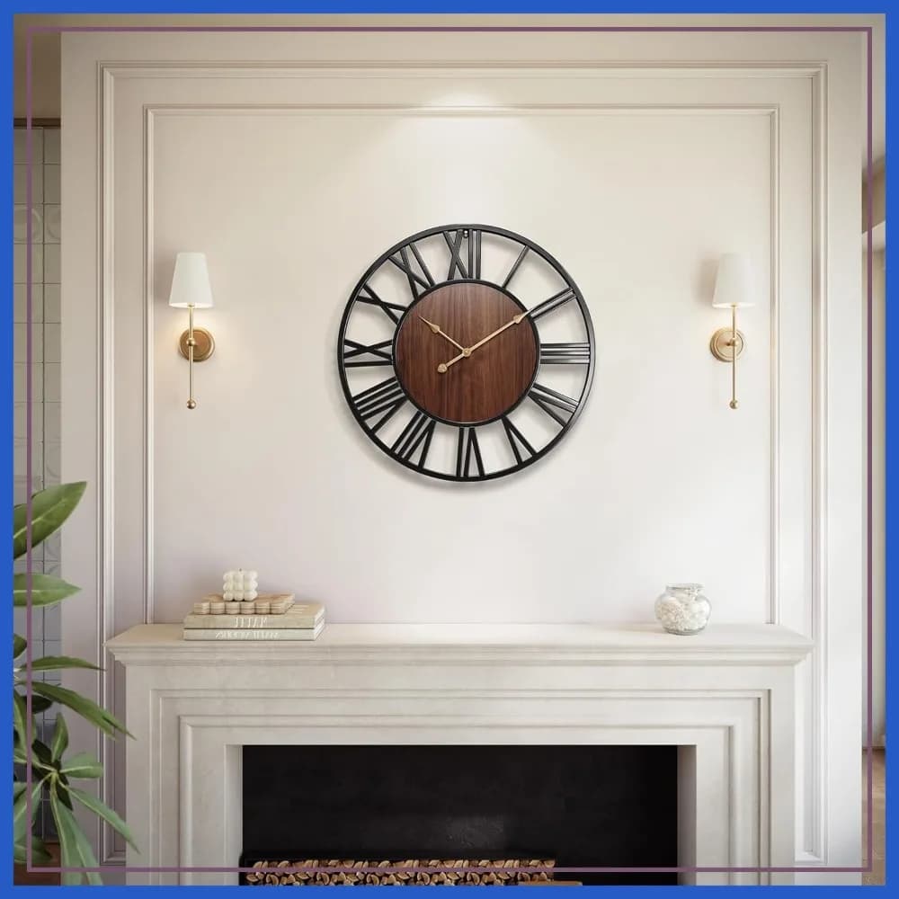 Orologio da Parete Grande 24 Pollici, Numeri Romani in Legno, Silenzioso Senza Ticchettio, a Batteria per Soggiorno, Camera da Letto, Cucina, Arredamento Rustico