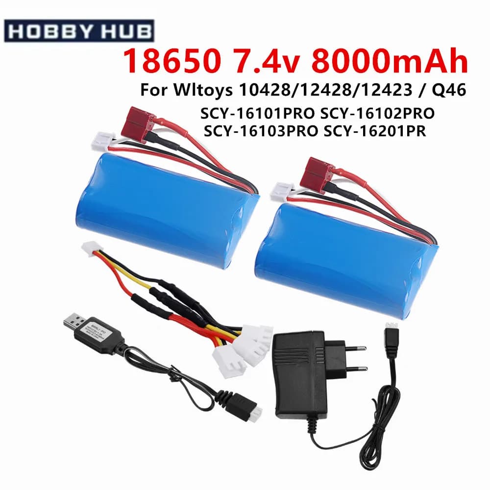 Upgrade 7.4V 18650 8000MAH Battery for Wltoys 10428/12428/12423 / Q46 RC Car Spare Parts with charger 7.4V T plug for Power car