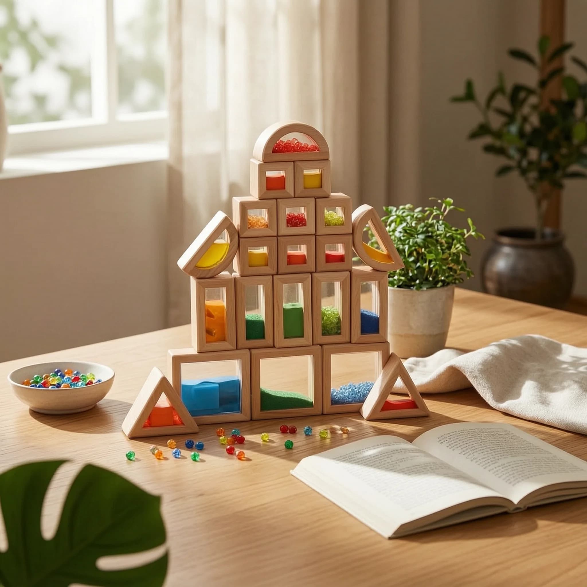 22 Pieces Wooden Sensory Blocks Colored Sand Geometric Stacking Blocks Transparent Block Set Beads Building Toy Open-Ended Play