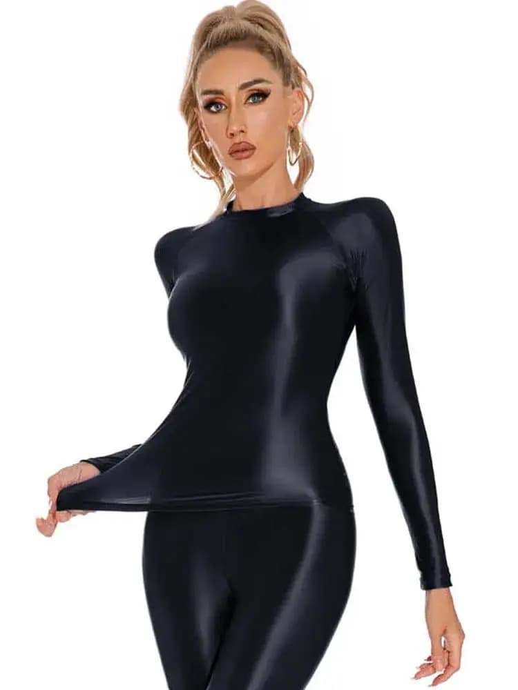 Camicia a maniche lunghe elastica lucida lucida Donna Fitness Palestra Atletica Yoga Maglietta Collant Hot Sexy Tees Casual Crop Top Bustier Top