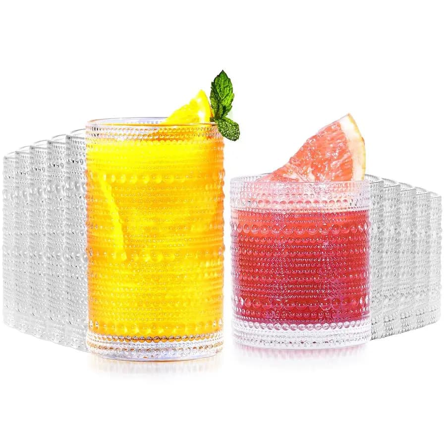 Set di bicchieri vintage Hobnail da 12 pezzi, bicchieri da acqua Old Fashioned da 14 oz e bicchieri da cocktail da 11 oz, estetici per cucina e bar
