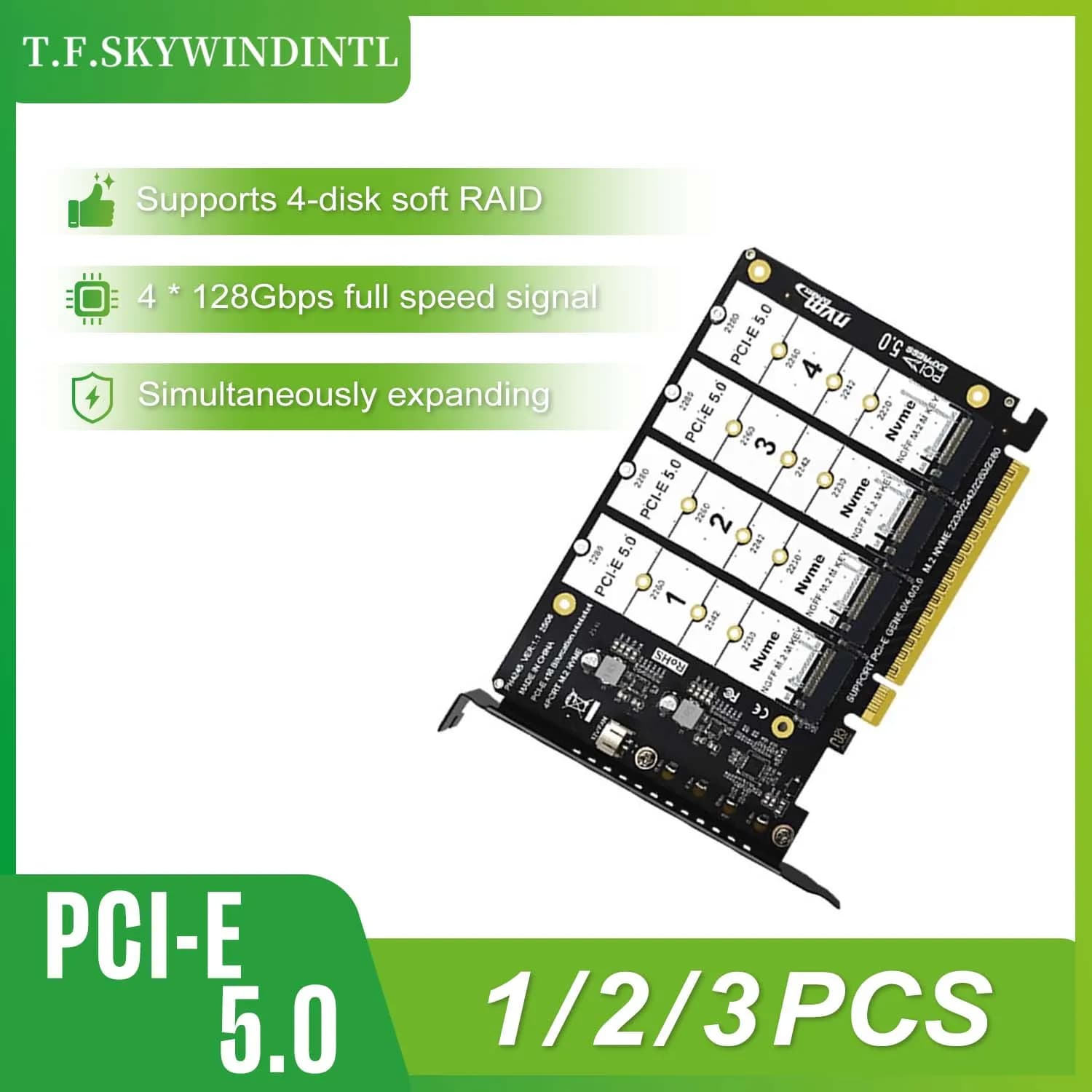 Scheda di espansione PCIe 16X 5.0 a 4 porte NVMe, adattatore da PCIe 5.0 X16 a NVMe M.2 M Key SSD, supporta biforcazione 3.0/4.0/5.0