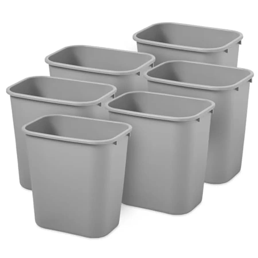 Commercial Products 6 Pack Resin Wastebasket/Trash Can, 7-Gallon/28-Quart, Gray, Plastic, for Bedroom/Bathroom/Office, Fits Und