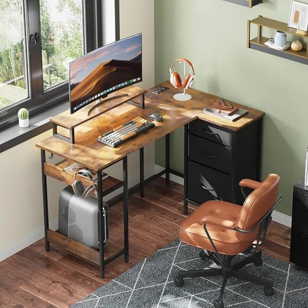 L Shaped Desk with Ders and Storage, L Shaped Oice Desk with Power Outlets, CPtand, Monitor Stand, Gaming Table with LED Light,