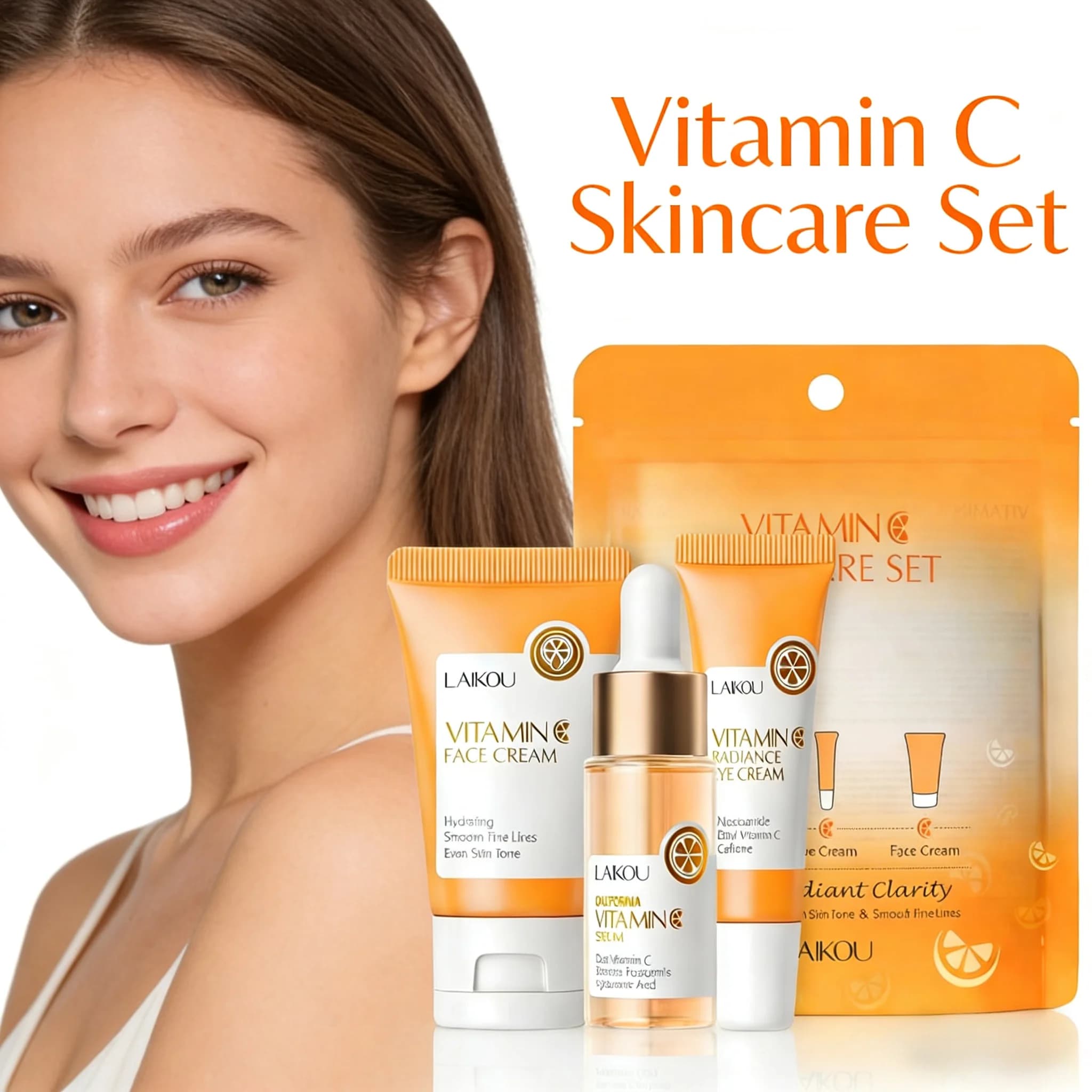 LAIKOU Set of 3 Skin Care Products with Vitamin C and Sakura Essence: Serum, Eye Cream and Hydrating Face Cream in Travel Size