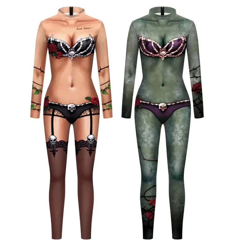 lHalloween Cosplayl Costumi Cosplay di Halloween per donna Body Horror stampato Party Dress Up Outfit Zentai Tuta Abito sottile