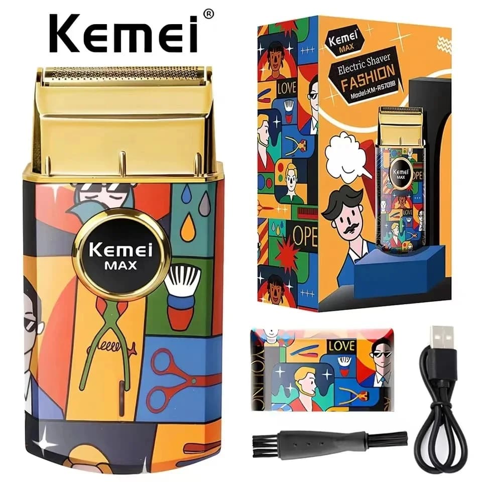Kemei KM-RS7098 Rechargeable Electric Razor, Single Blade Portable Rulebarba, Fashion Barba Machine with Design Casual Graffiti