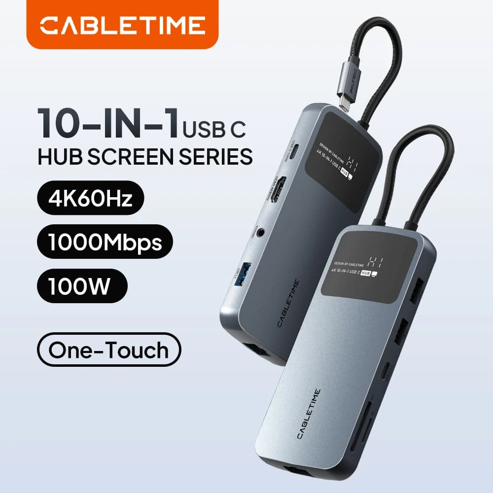 CABLETIME Hub USB C 10 in 1 con HDMI 4K, DisplayPort, RJ45 1000Mbps, USB 10Gbps, PD100W, Lettore SD&TF, Adattatore Dock per Dell, HP, MacBook, ASUS