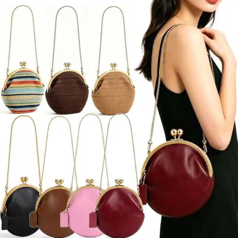 Women's Kiss Lock Bag PU/Straw Vintage Pouch Medium Top Handle Handbags Kiss Clasp Shoulder Bags Tote Purse Messenger Clutch