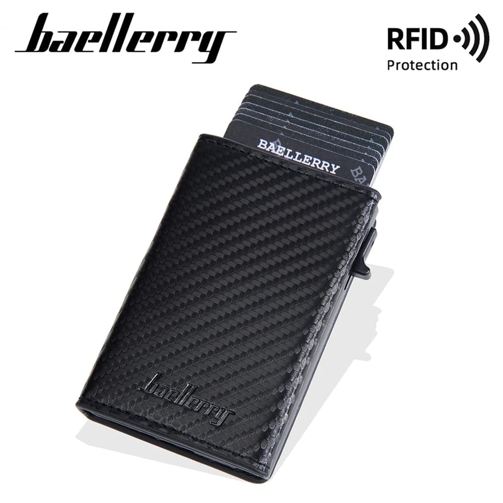 Baellerry Portafoglio a spinta laterale in lega di alluminio, porta carte da uomo in fibra di carbonio con blocco RFiD con chiusura a scatto anti-elettromagnetico