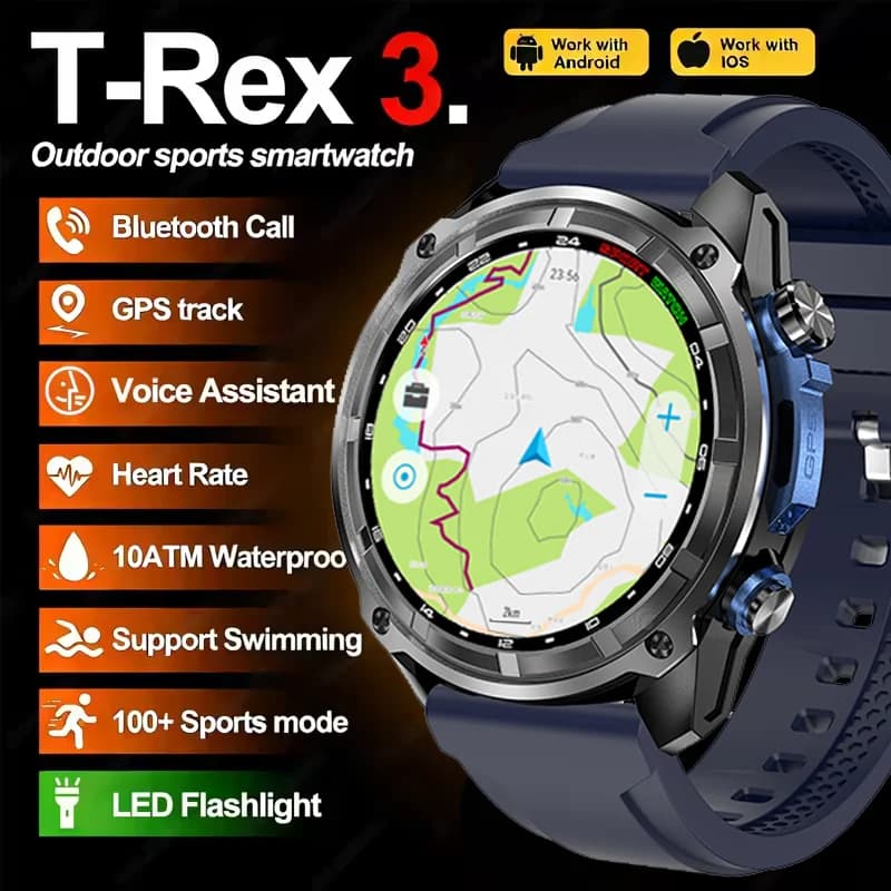 Nuovo Smartwatch Militare GPS per Uomo 2026, T-Rex3 con Bussola, Memoria 4GB, Batteria 1000mAh, Impermeabile 10ATM, Chiamate Bluetooth HD