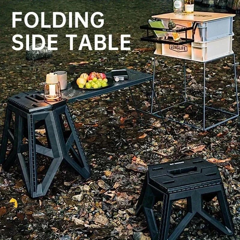 Set Tavolo e Sgabelli Pieghevoli Multifunzionali da Esterno, Tavolo Laterale Portatile in Ferro per Campeggio e BBQ con Ripiano Portaoggetti