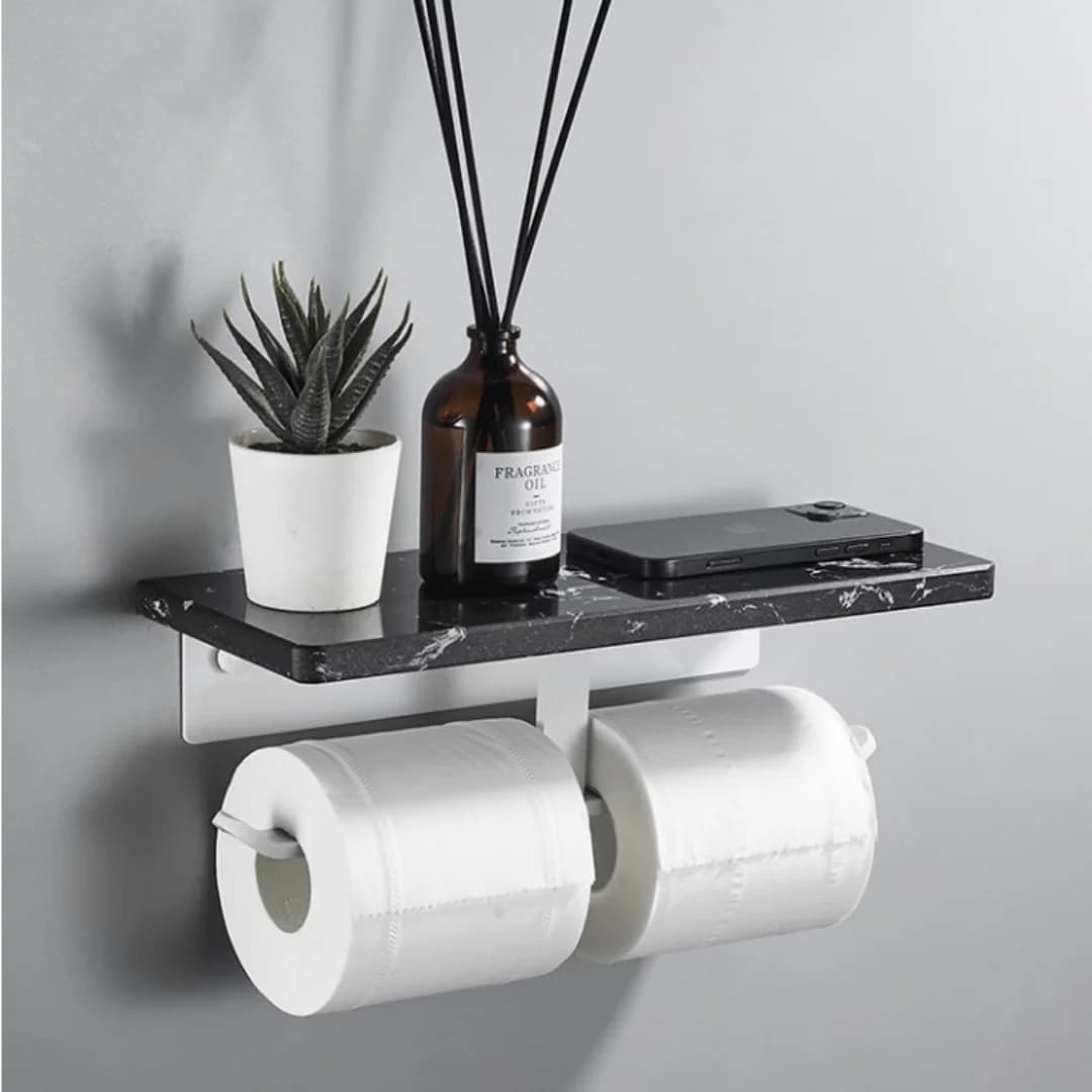 Portarotolo da parete in marmo bianco, porta fazzoletti nero, porta rotoli di carta in marmo nero con supporto per cellulare