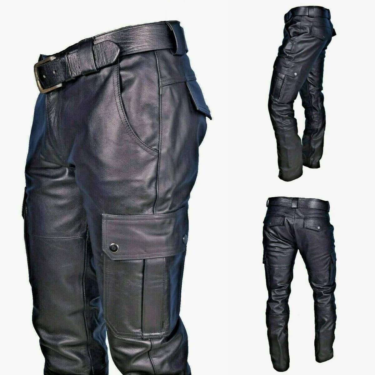 2026 Men's PU Leather Pants Slim Fit Casual Biker Trousers Man Belt Multi-Pocket Streetwear Pants Autumn Winter Plus Size XS-5XL