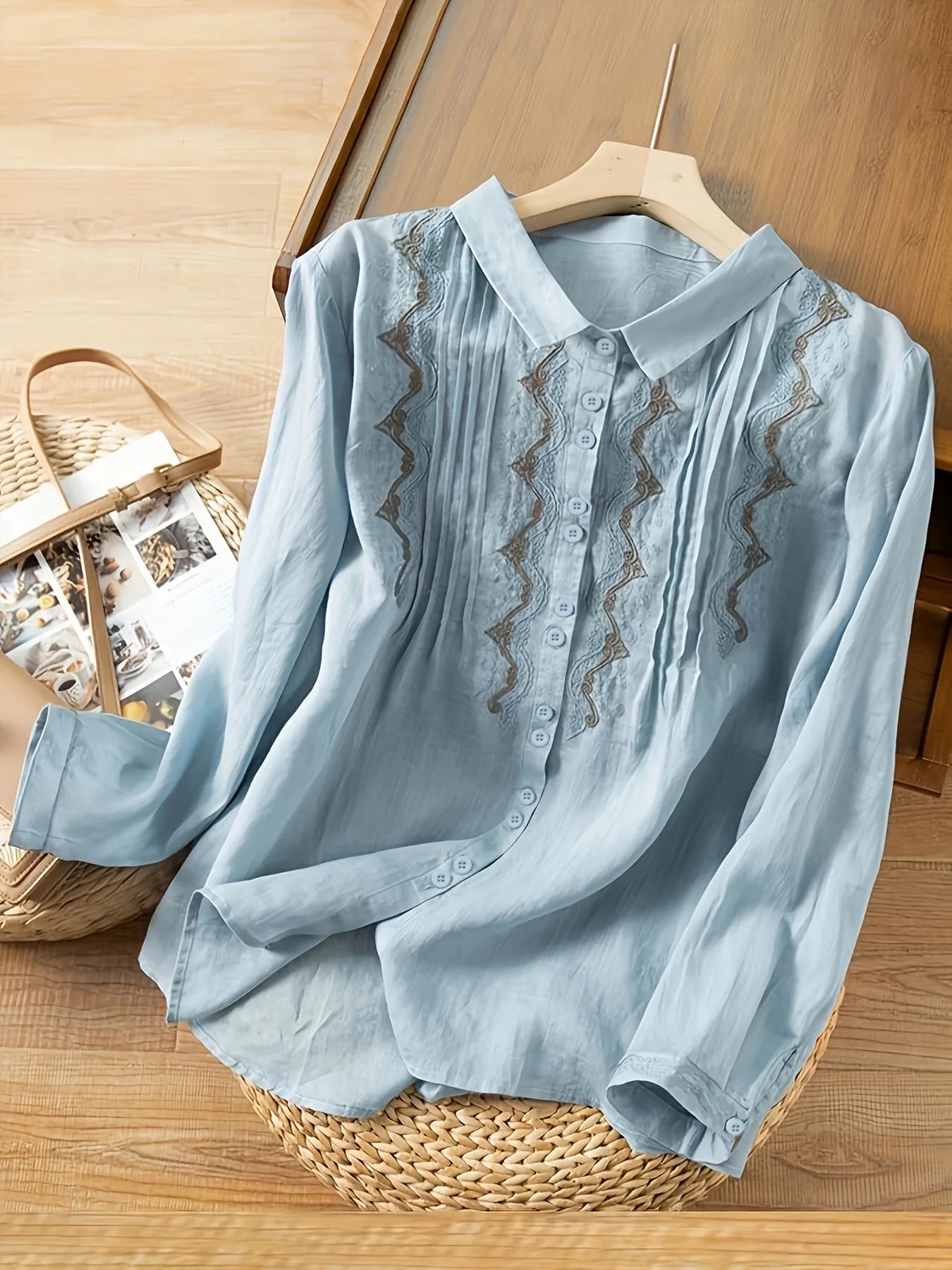 Nuova Camicia da Donna a Maniche Lunghe in Cotone Ricamato Scontata