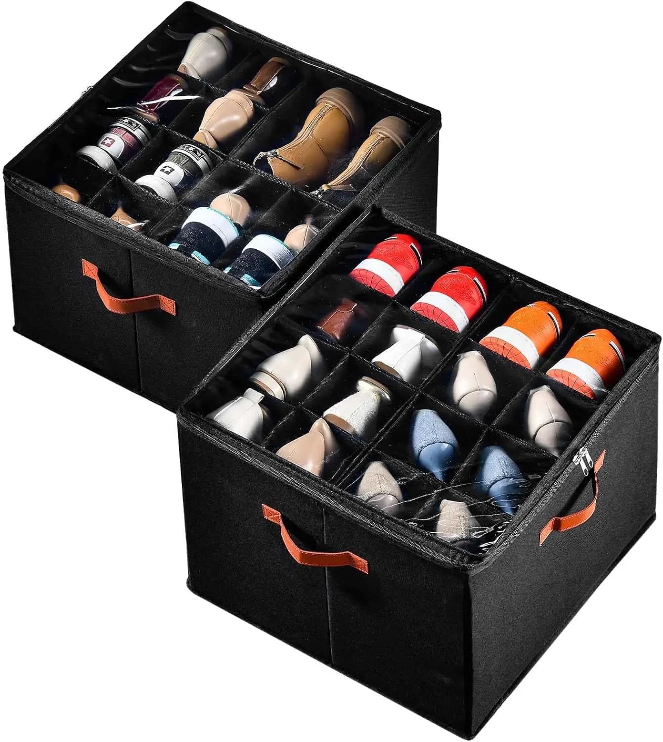 Organizer for Wardrobe Shoes, Pack of 2, Contains 32 Paia, Adjustable Dividers, Transparent Cover, Space Storage Box