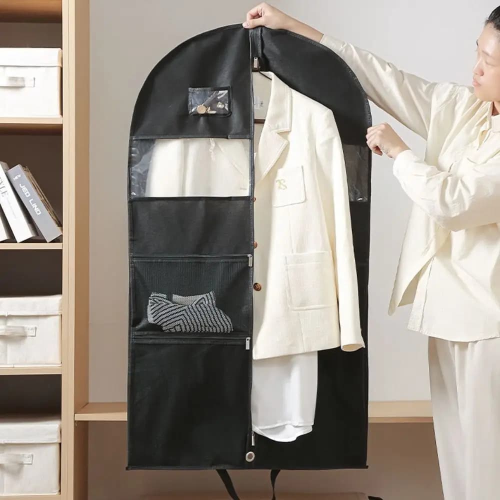 Tasche a rete Borse per indumenti portatili Borse per indumenti da viaggio appese multiscomparto con finestra Borsa pieghevole per la polvere da viaggio