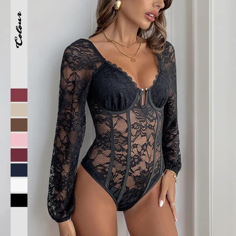 Sexy Jumpsuit Lingerie For Woman Black Bodysuit Sheer Lace Corset Style Romper Women's Sexy Lingerie V Neck with Pearl
