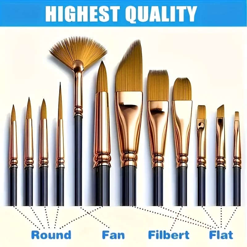 12 Pcs Premium Artist Paint Brush Set - Assorted Shapes (Round/Fan/Filbert/Flat) for Oil, Watercolor, Acrylic & Canvas, Perfect