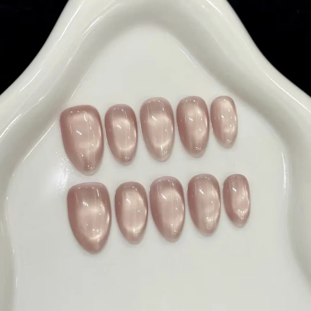 10 pezzi di unghie finte a mandorla corte, pure, pressate a mano, bellissime unghie finte, con perline di vetro scintillanti effetto occhio di gatto, adatte per le donne.