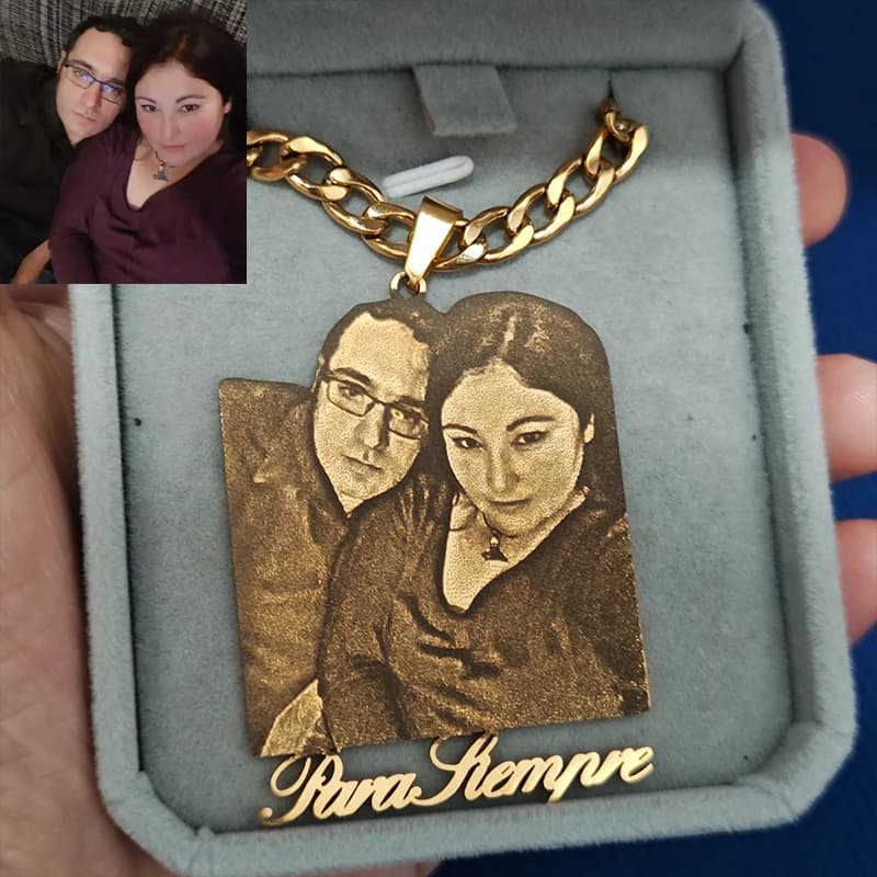 Custom Necklace for Couple Cuban Chain Pendant Necklace with Laser Engraved Photo Plate in Stainless Steel Anniversary Gift