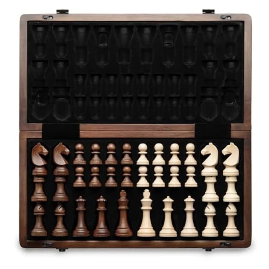 15" Magnetic Wooden Chess Set, Handmade 3" King Height Unique Chess Pieces with 2 Extra Queens, Tournament Portable Travel Ches