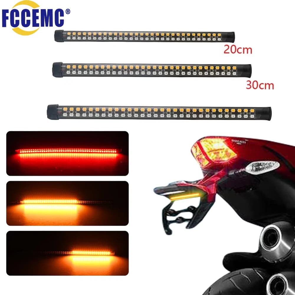 Striscia di fanale posteriore per moto a LED Giallo che scorre Indicatori di direzione singoli Lampada stroboscopica rossa Barra luminosa di avvertimento freno di arresto 12V